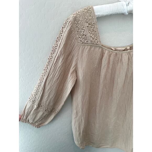 SOFT SURROUNDINGS | Beige Boho Peasant Blouse Crochet Trim Romantic Top | Small - Picture 3 of 6